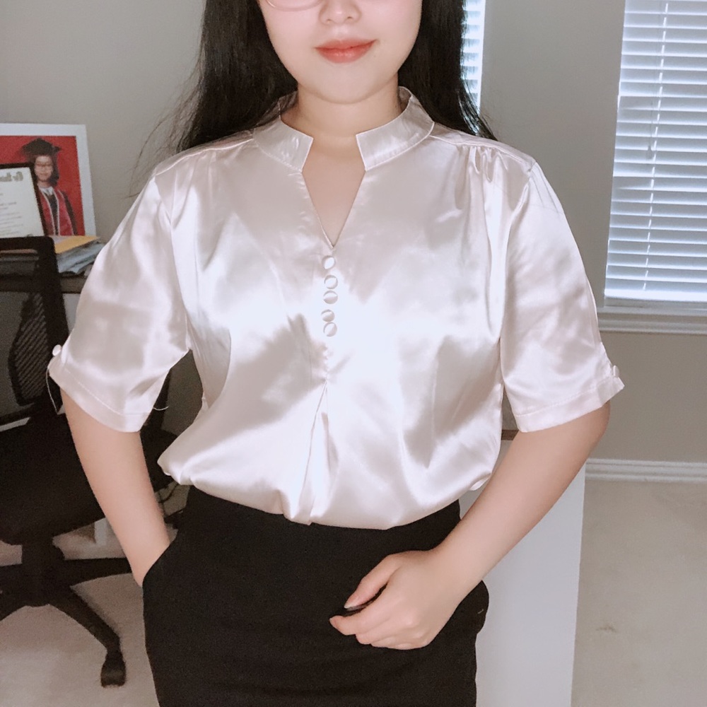 Women v neck short sleeve button office silk satin blouse top shirt